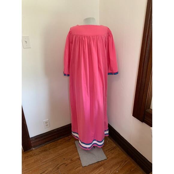 VTG 60 70 Maxi Dress Embellishments Pink Mumu House Dress Aztec Southwest Cotton - Picture 13 of 17